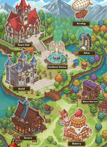 Kleurrijke fantasie spelkaart met een stadhuis, gilde, herberg, bakkerij, luchtschip, altaar en andere avontuurlijke locaties.