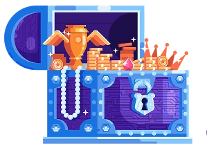 Kleurrijke spelillustratie van een open schatkist gevuld met gouden munten, trofeeën, edelstenen en andere beloningen.